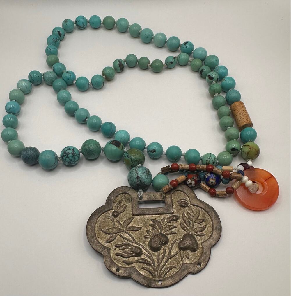 Natural Turquoise Necklace • Chinese Longevity Pendant • Artisan Boho Jewelry